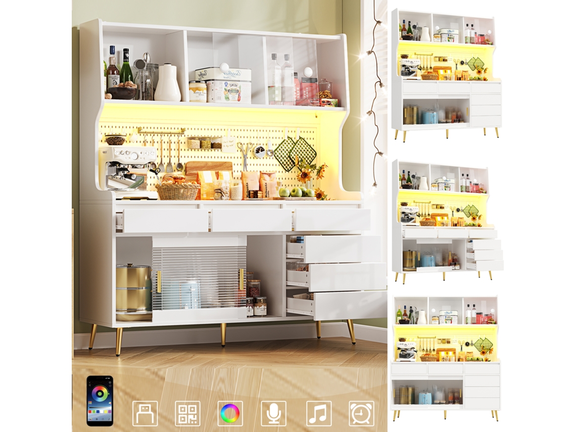 Aparador Alto 145x39x171 Cm - Led, App, Cajón, Estante Con Panel Perforado - Blanco