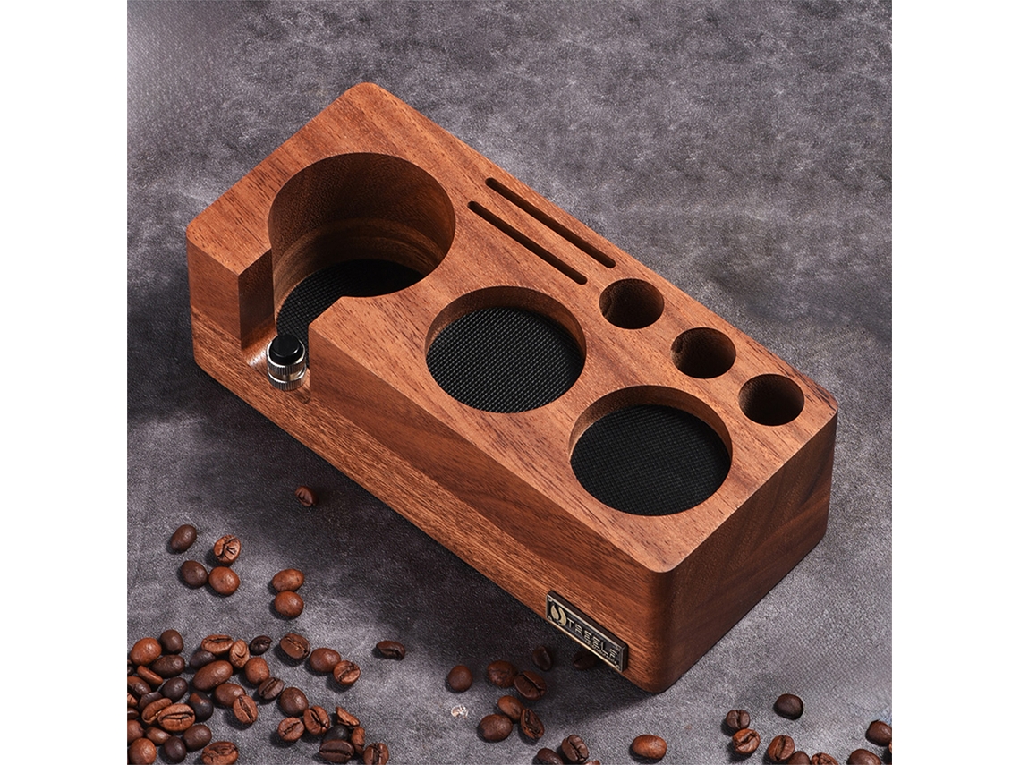 Estación De Prensa De Espresso Treelf De 58 Mm Ajustable En Madera De Nogal Con Soporte Y Almacenamiento.