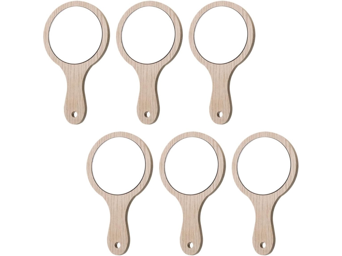 Miroir De Maquillage Portátil En Verre Haute Définition Poignée En Bois, 6 Pièces