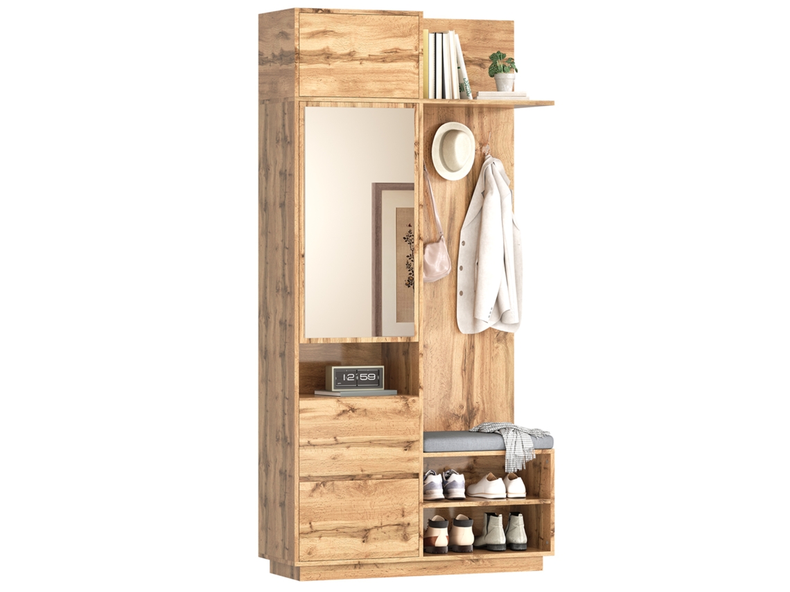 Armario compacto con espejo, banco y zapatero, color natural, 90 cm, MOBRIO