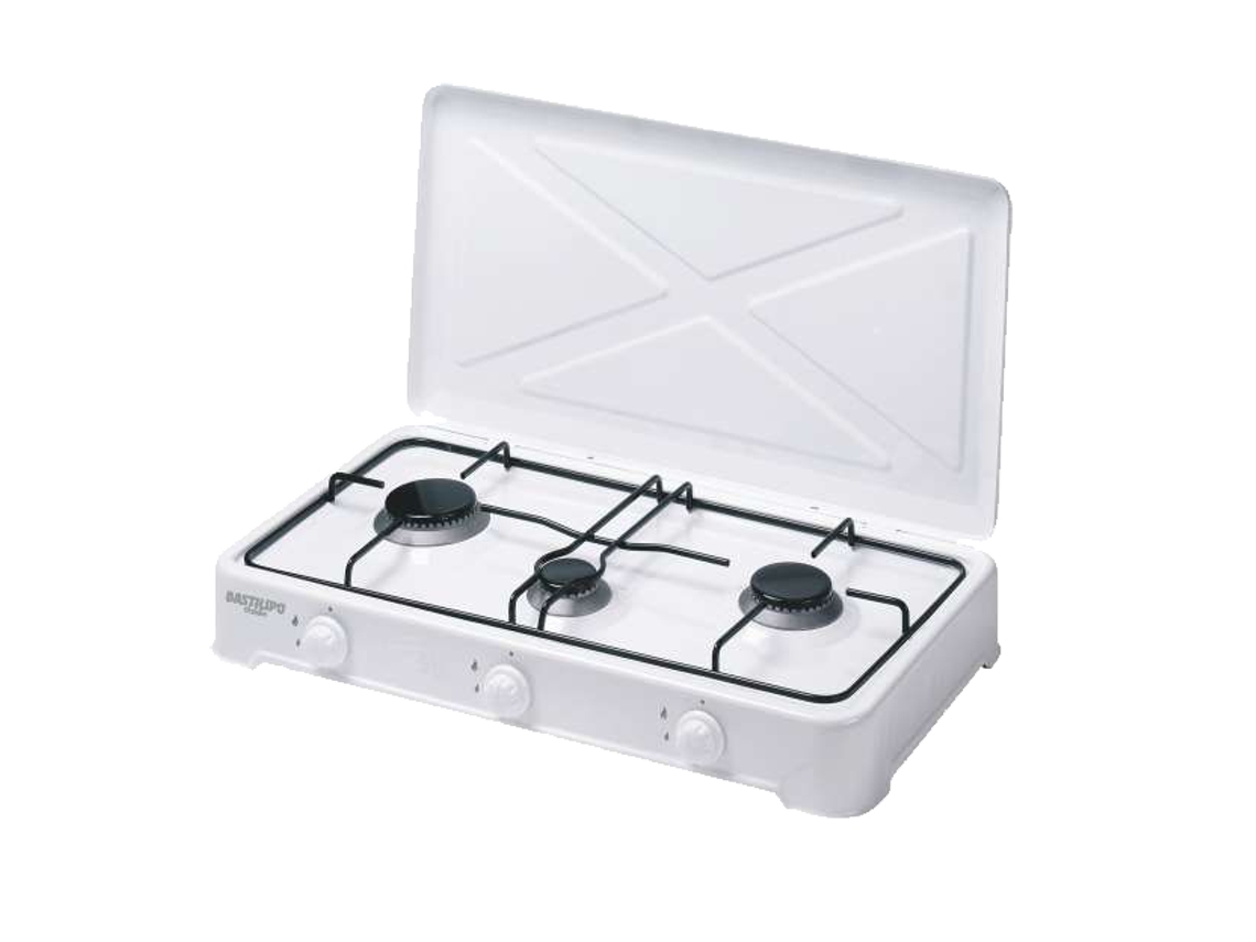 Cocina de gas butano de 3 fuegos portátil, con quemadores desmontables, esmaltada, con tapadera BASTILIPO