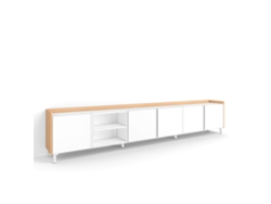 Mueble para TV, 309x35x61cm, para televisores de hasta 80'', diseño industrial, blanco y roble claro.