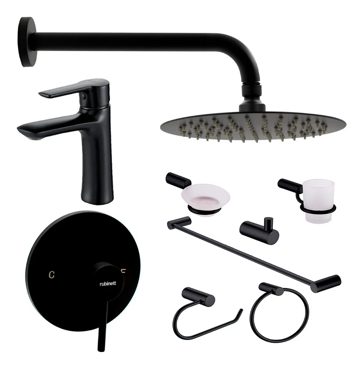 Conjunto De Chuveiro Completo De 20 Cm Com 9 Peças E 2 Torneiras Misturadoras Monocomando Em Preto Foscovayotoy