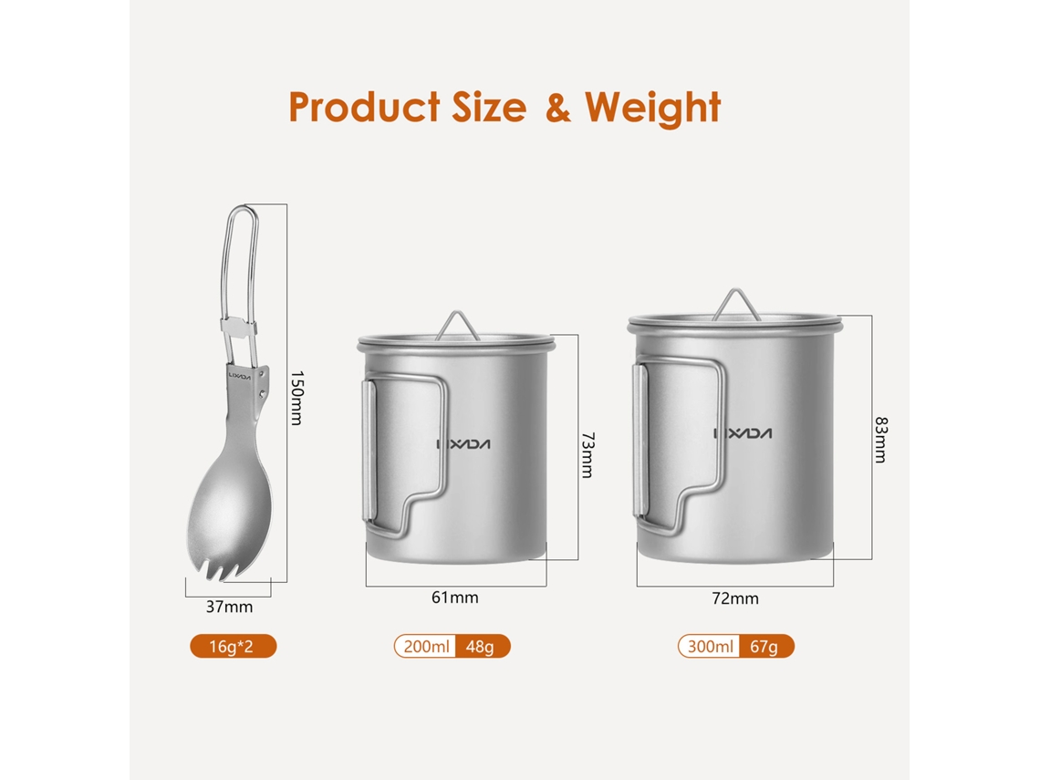 Mali conjunto de Copo de Camping de Titânio 300ml e 200ml com Tampa e Colher Garfo para Camping e Hiking