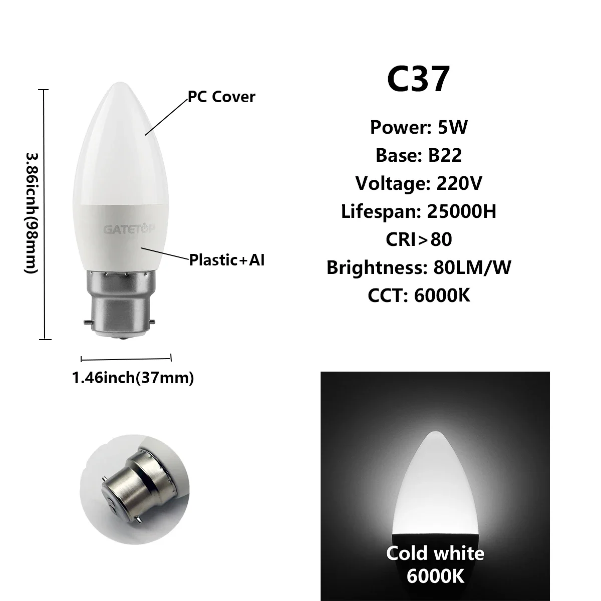 (c37 5w B22 6000k, 220v) 8 Bombillas Led, Para Iluminación Y Decoración Del Hogar.