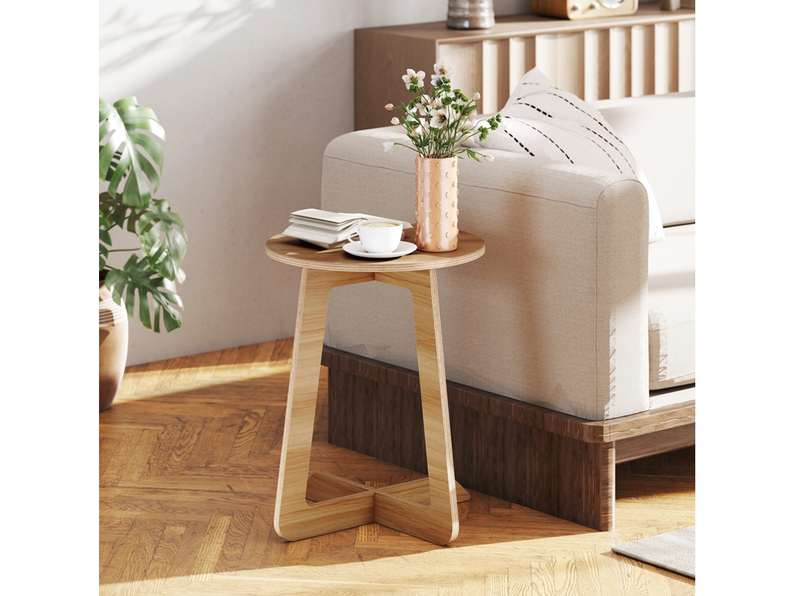 Mesa auxiliar redonda en forma de C, de montaje rápido, para espacios pequeños de salón/dormitorio, color natural.