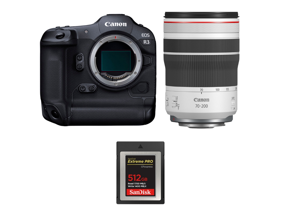 Canon EOS R3 + RF 70 200mm F/4 L IS Usm + 1 Sandisk 512GB Extreme Pro CFExpress Tipo B + Libro electrónico “20 consejos para fotos impresionantes”