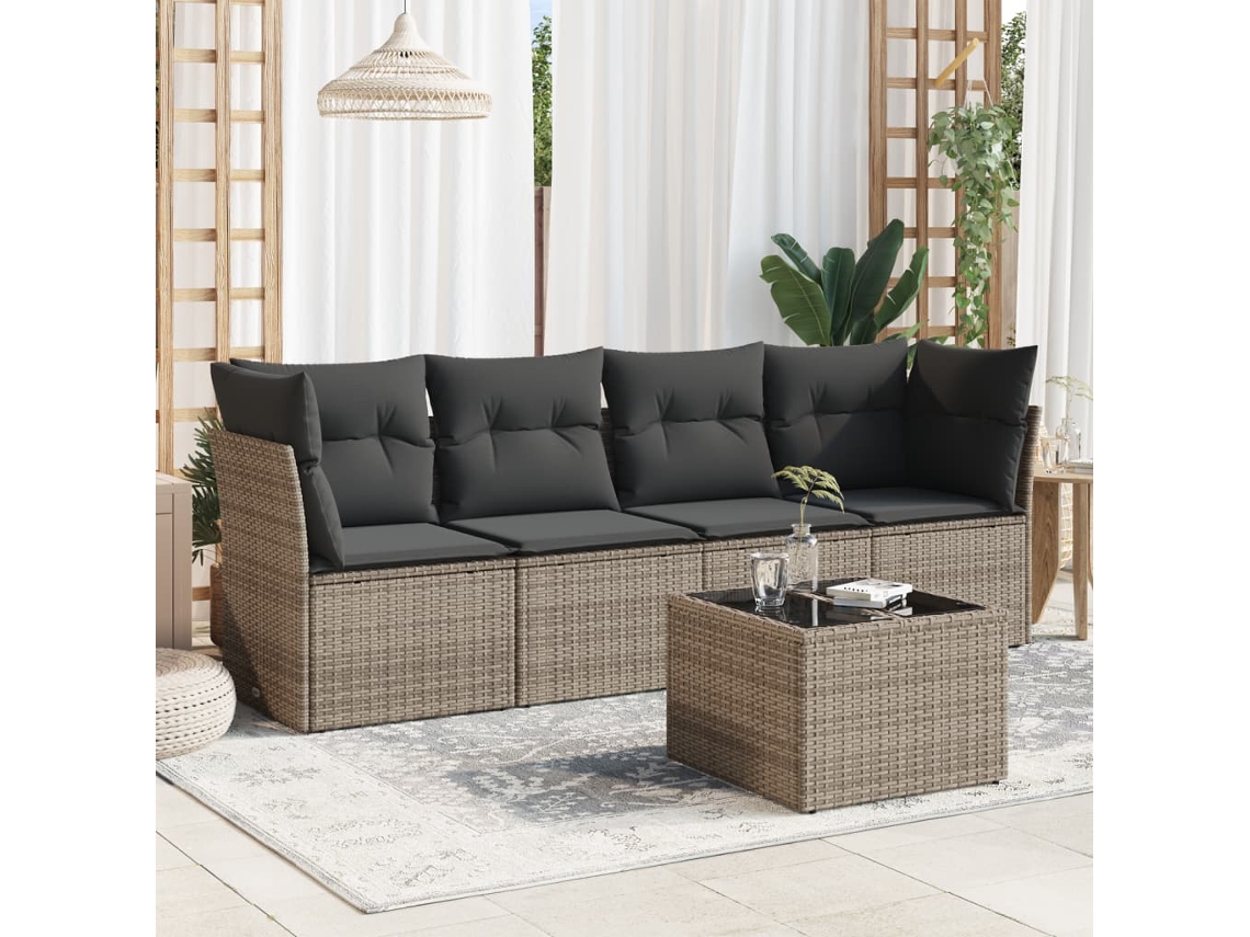 Conjunto de sofá de jardín de 5 piezas con cojines, ratán gris, DKD Home Decor