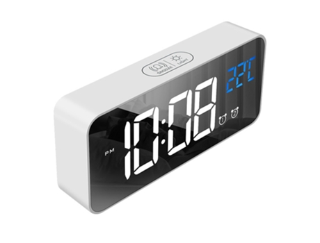Reloj despertador digital, reloj electrónico con espejo LED, reloj de escritorio con control por voz, alarmas duales, repetición