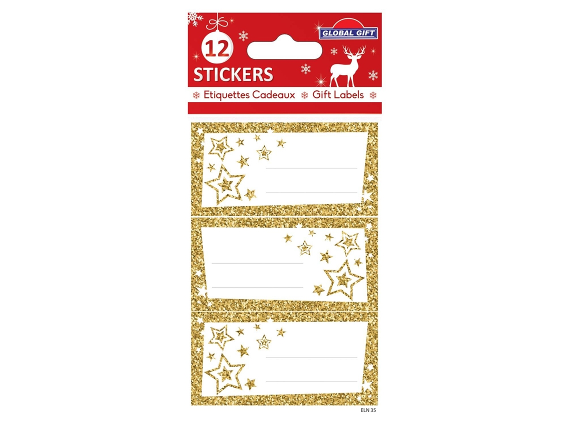 12 Pegatinas GLOBAL GIFT de Navidad - Estrellas de purpurina doradas