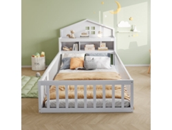 Cama Infantil 90x200 - Estructura De Madera Maciza, Barandilla, Con Estantes Y Almacenamiento, Con Rejilla Y Puerta, Blanco