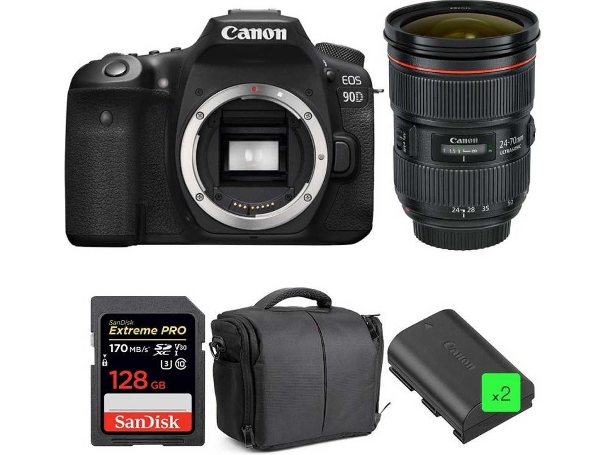 Kit Cámara Réflex CANON EOS 90D + EF 24-70mm f/2.8L II USM + SanDisk 128GB + 2 LP-E6N + Bolsa