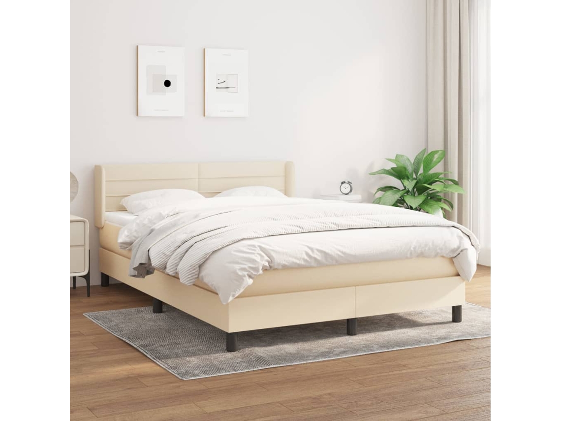 Cama Box Spring Con Colchón Tela Color Crema 140x190 Cm
