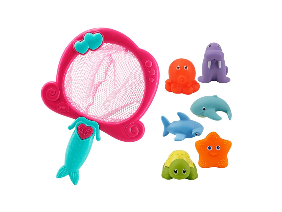 Juguete De Baño Infantil Con Chirriador Y Simpático Animalito: Red De Pesca Roja + 6 Animales.