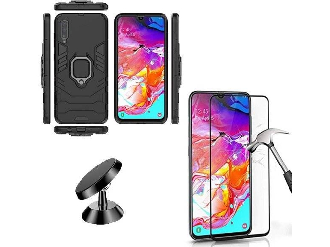 Kit Carcasa, Protector de Cristal Templado 5D y Soporte Magnético Auto Samsung Galaxy A70s PHONOCARE Militar Negro