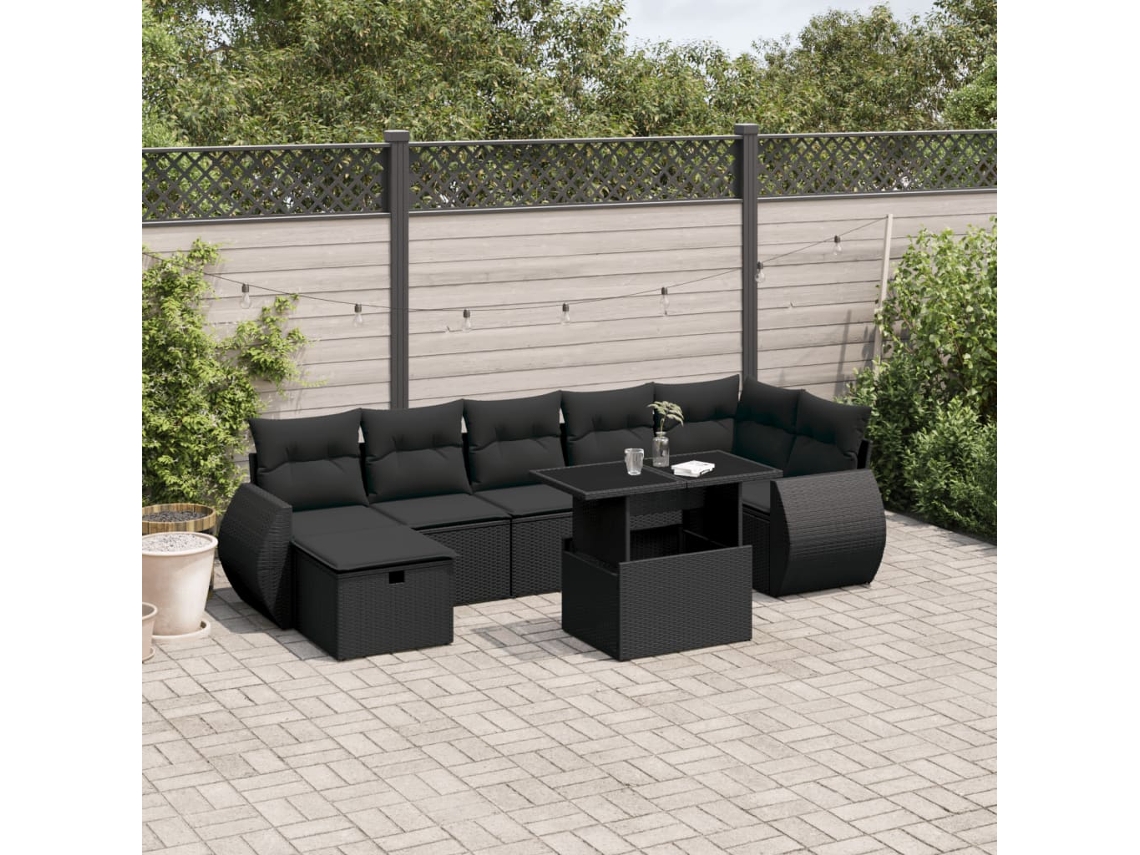 Conjunto de 8 sofás de jardín con cojines de mimbre sintético negro, Dkd Home Decor