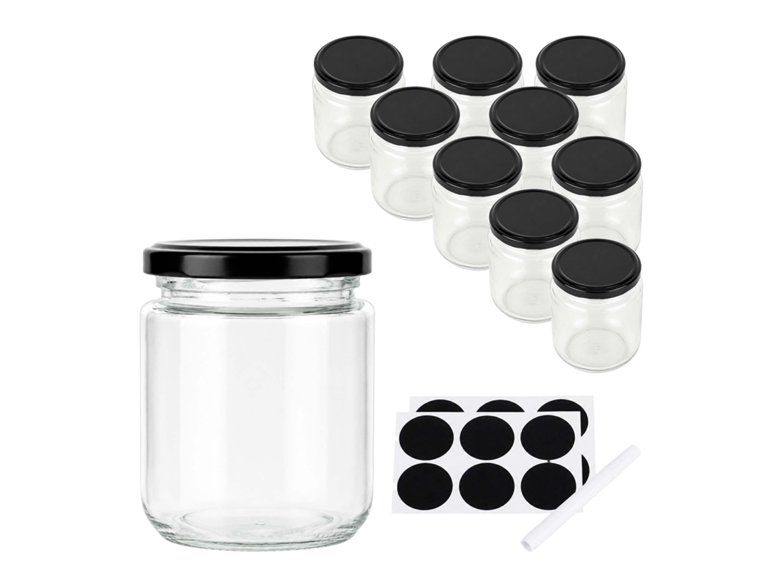 Frascos Para Compotas Relaxdays, Conjunto 10, 200 Ml, Tampa Twist-off, Para Conservar Cozinhar, Transparente/preto