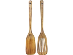 Espátula de madera y espátula de cocina perforada, teca natural, mango largo, hecha a mano, para utensilios de cocina antiadherentes