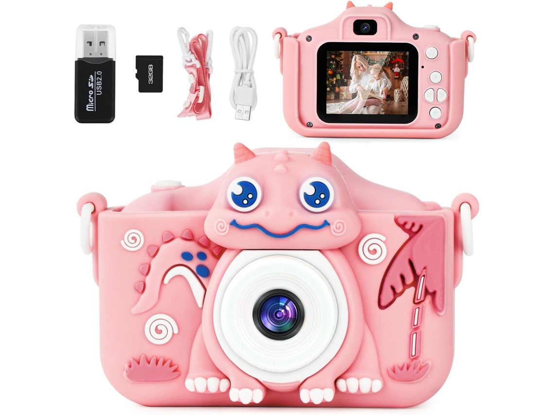 Cámara De Vídeo Digital Para Niños, Hd 1080p, 32 Gb, Con Funda De Silicona Suave Con Dibujos Animados, Para Niños Y Niñas, Color Rosa Gertiz