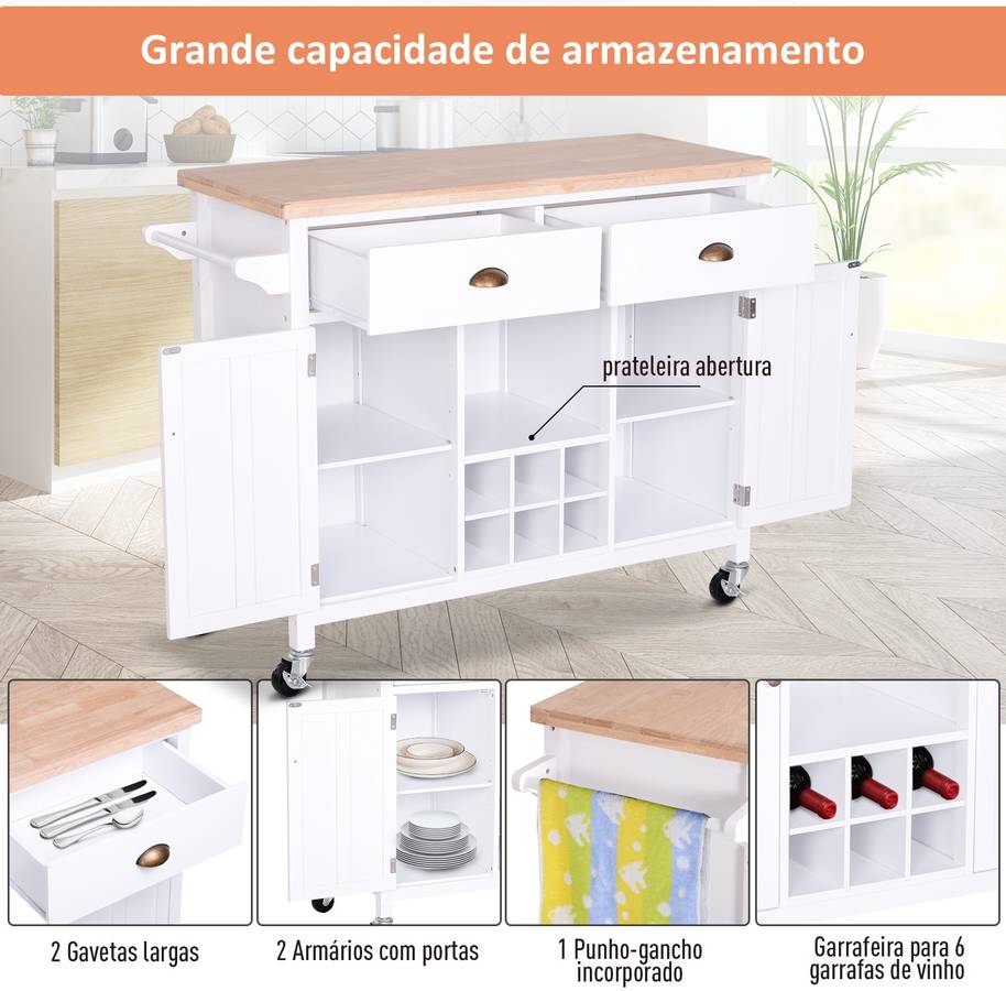 Homcom Carrito Auxiliar de cocina con ruedas isla multiusos cajones botellero armarios cerrados y estante 113x45x89cm blanco 113x45x89 mdf madera