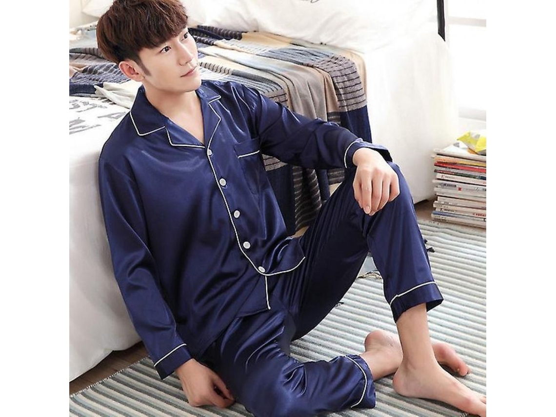 Conjunto de pijama de seda negra para hombre Jm Junemaist Manga larga Tallas L XL XXL XXXL XL Pijama azul para hombre
