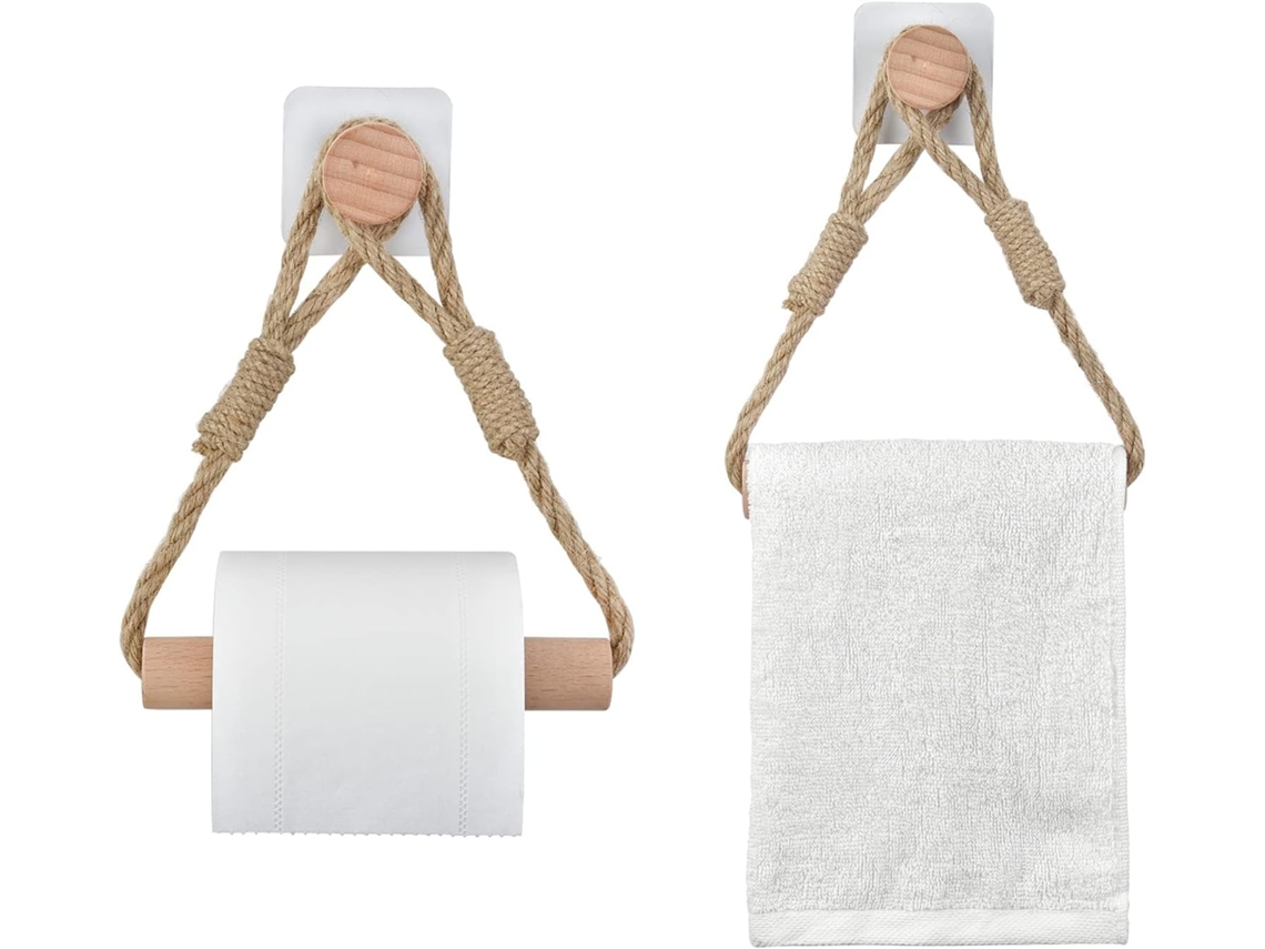 Juego de 2 Soportes Adhesivos para Papel Higiénico y Toallas en Cuerda y Madera KOFIHETY
