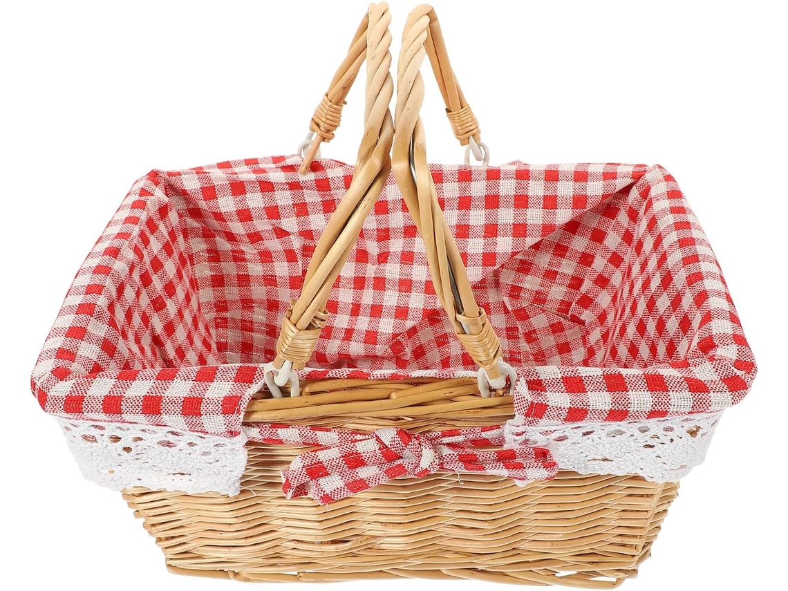 Cesta de picnic de mimbre natural trenzado, formato pequeño con forro de tela roja con estampado de azulejos, ...