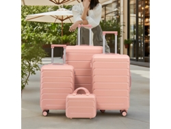 Set de 4 maletas ABS 14/19/24/28'', asas laterales, ganchos, pies protectores, cerradura integrada y neceser 14'', color Rosa.