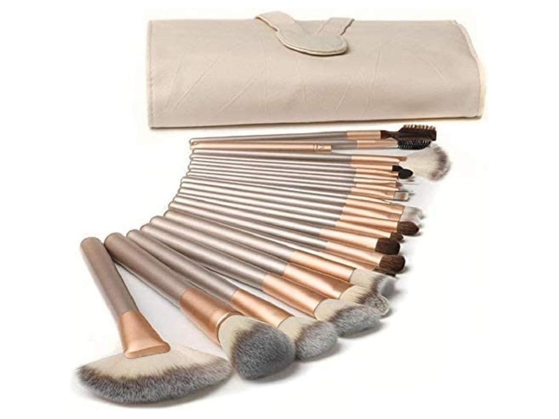 Set De 18 Brochas De Maquillaje Profesionales, Brochas Sintéticas Para Rostro, Ojos Y Labios Con Estuche De Piel Color Marfil.