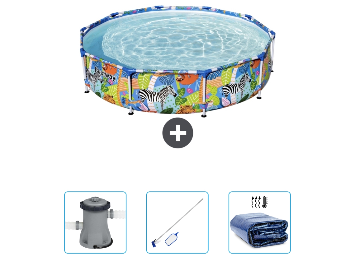 Piscina BESTWAY Round Steel Pro - 305 x 66 cm - Estampado Selva - Incluida Bomba - kit de limpieza - Vela solar