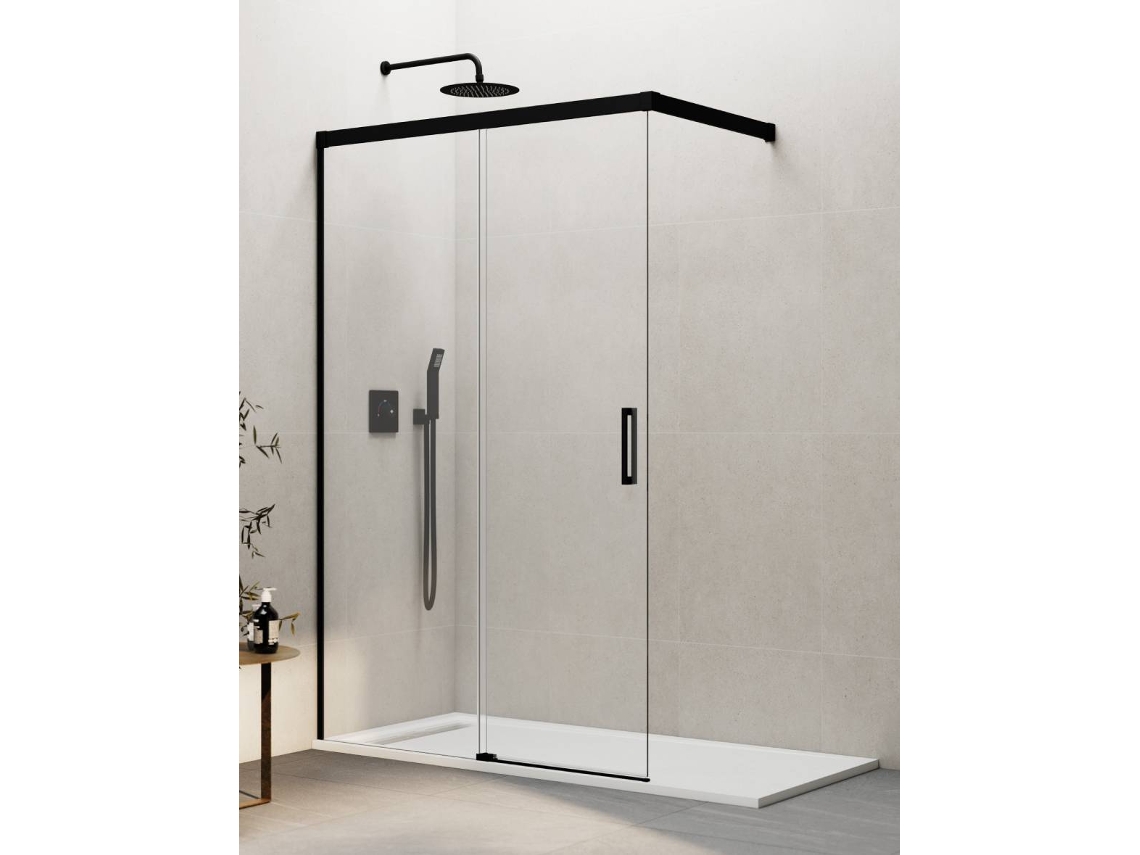 Mampara De Ducha Frontal Walk-in 1+1 Thalassa (basic) 100 Cm Perfil Negro Cristal Transparente