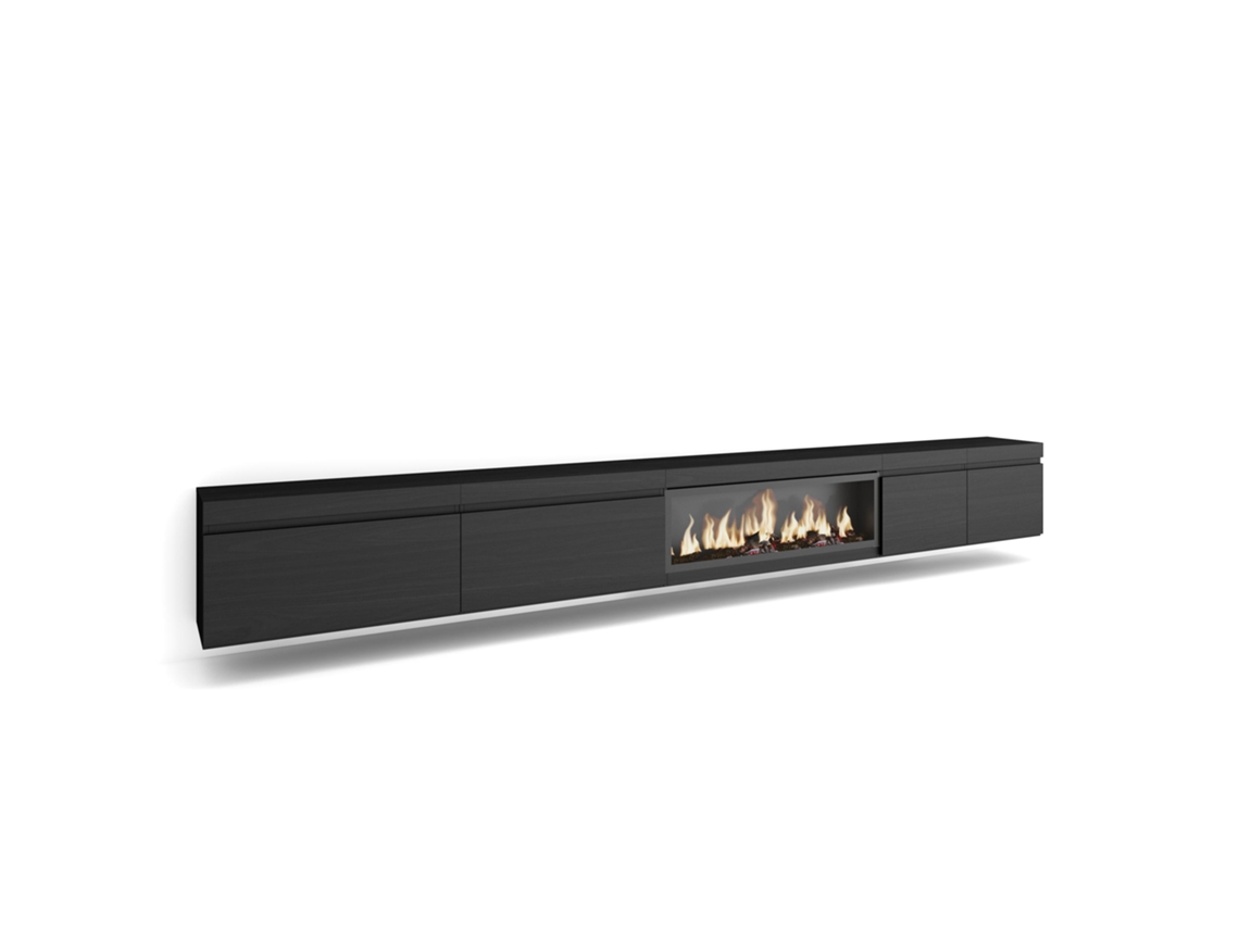 Mueble Tv, Televisión, 368x35x45cm, Chimenea Eléctrica Xxl, Colgado, Suspendido, Negro