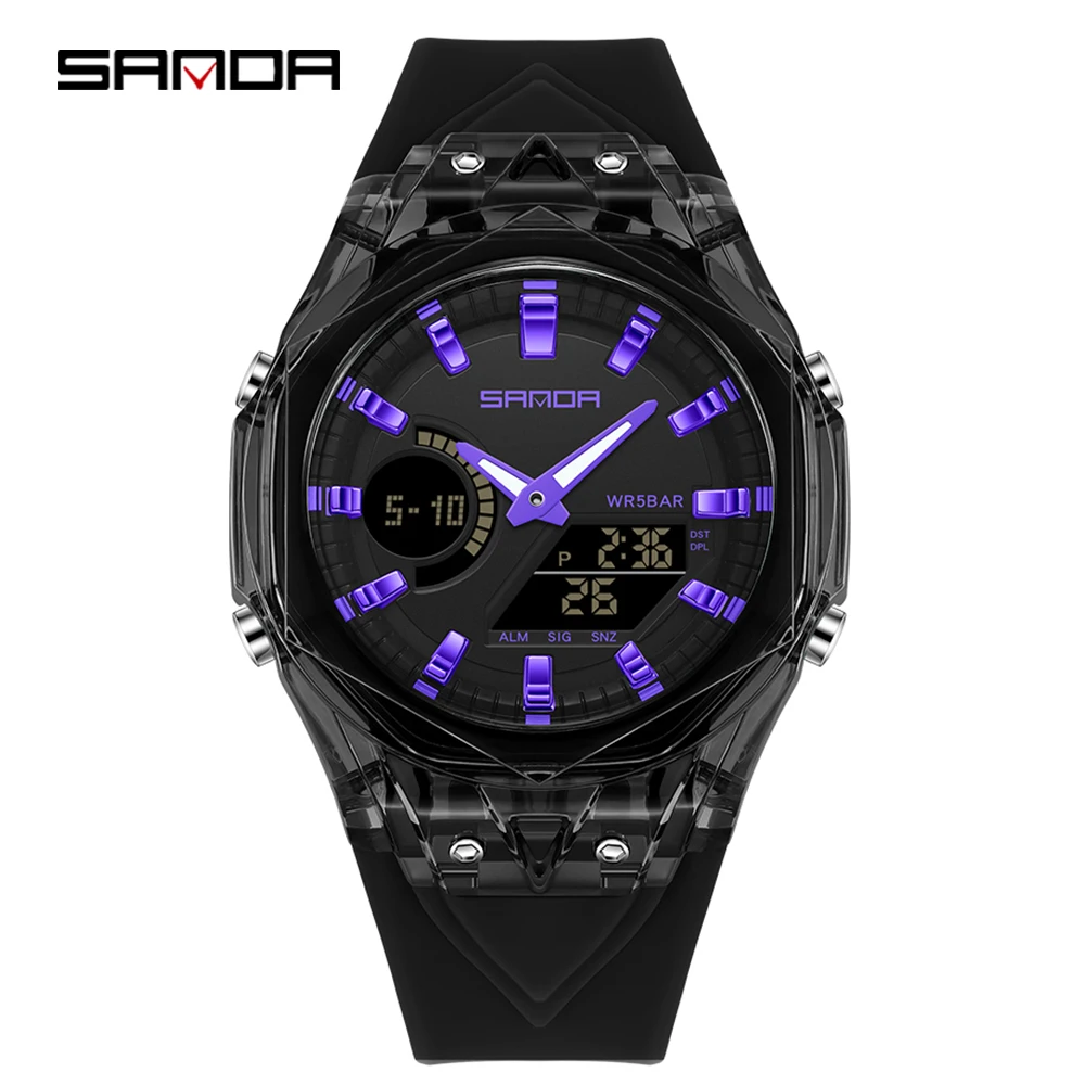 Reloj Despertador Luminoso Para Estudiantes Con Doble Pantalla (negro Y Morado), Resistente A Los Golpes, Deportivo Y Digital.