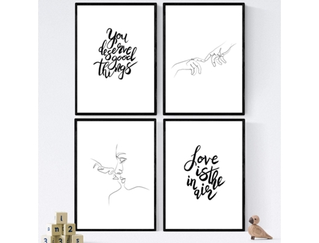 Set De Láminas Con Mensajes Felices Y Dibujos A Un Solo Trazo. Pack De Posters 'Amor En El Aire'. Sin Marco
