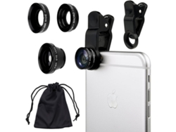 Kit de lentes para cámara 3 en 1 para teléfonos móviles: lente ojo de pez, microscopio, lente granular, clip universal, estuche de transporte, paño de limpieza.