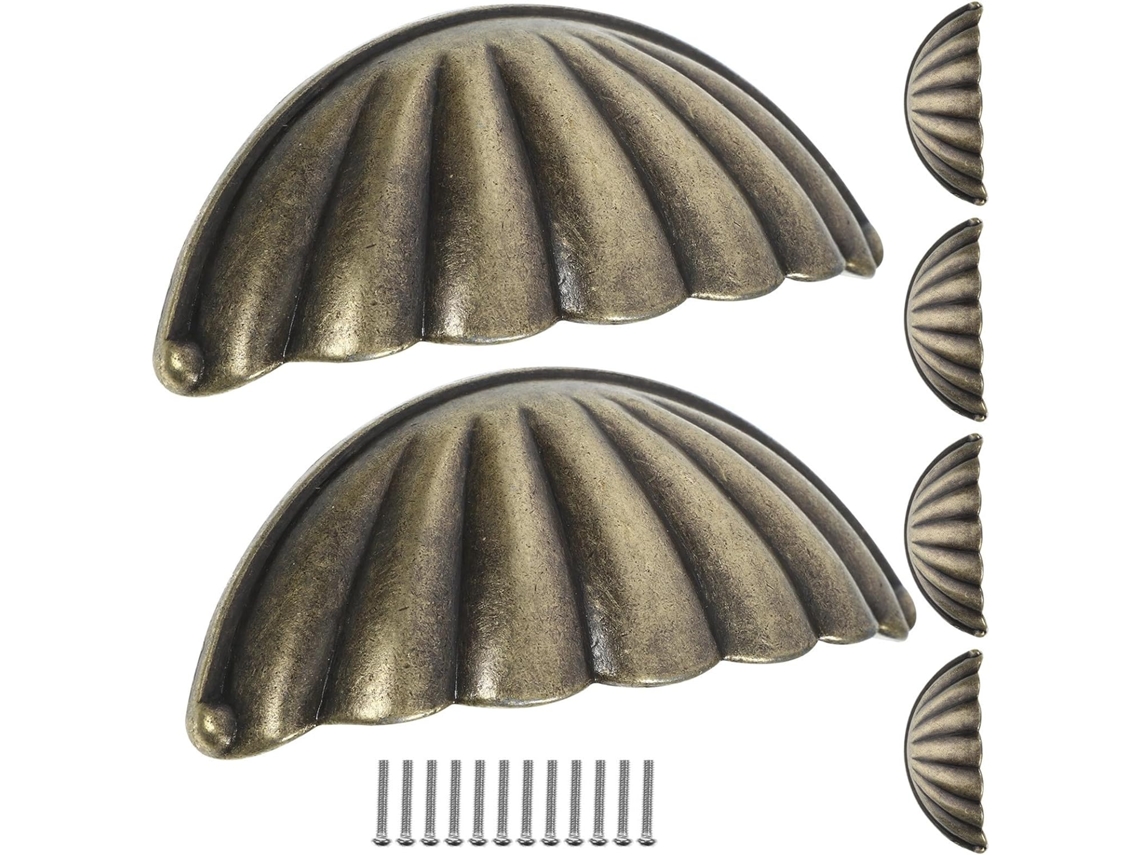 Juego de 6 pomos para muebles vintage de bronce semicirculares, con forma de concha.
