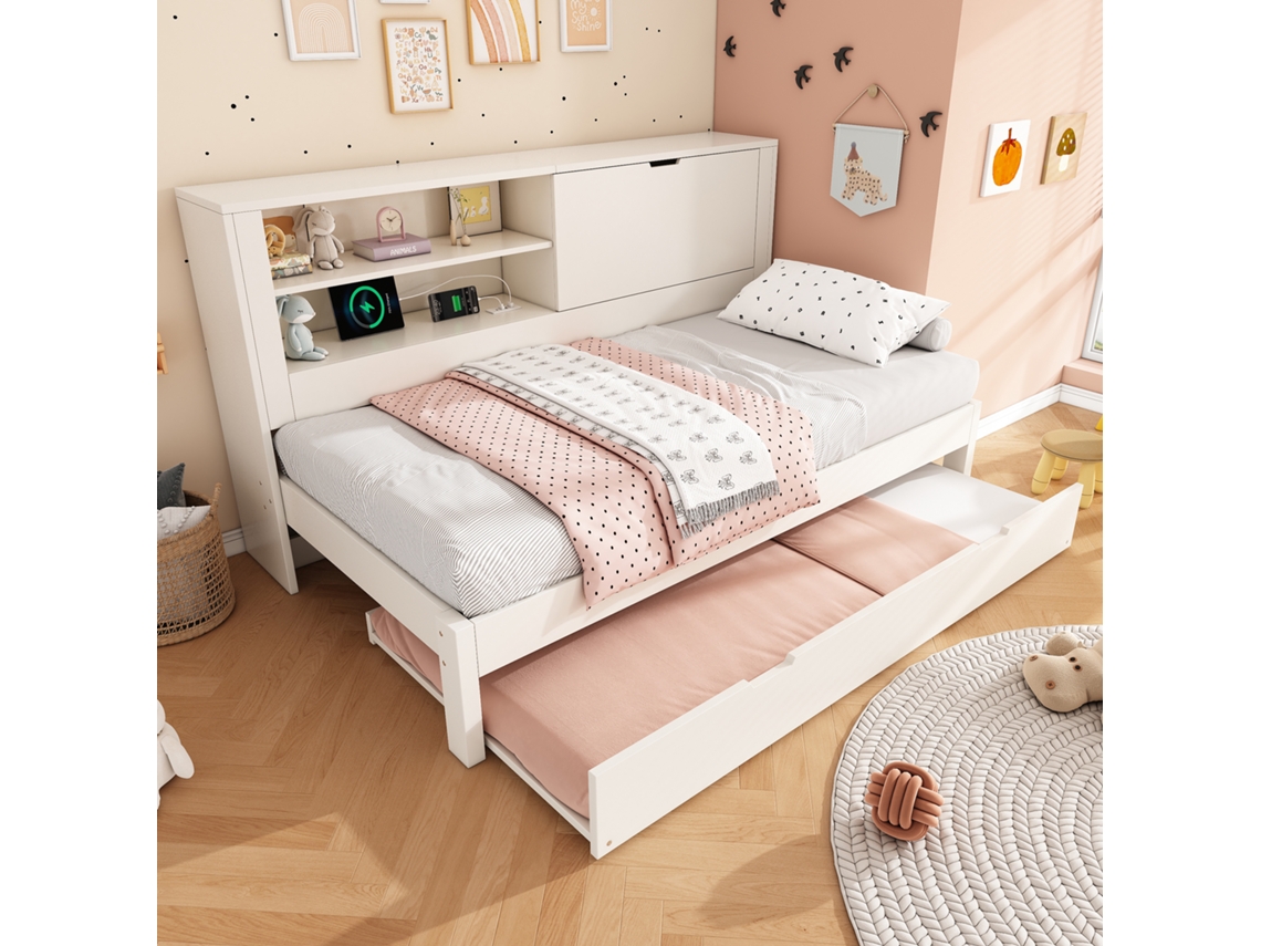 Sofá Cama Blanco De 90x200 Cm, Retráctil, Con Compartimentos Ocultos Para Almacenamiento, Usb Y Usb-c.