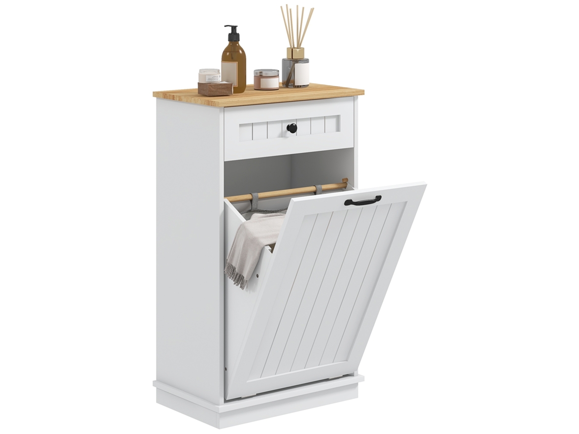 Armario De Baño Con Cajón Y Cesta Para La Ropa Sucia Antivuelco, 52x33x90cm, Blanco.