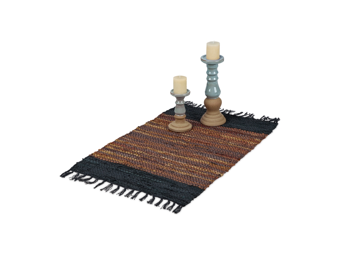Relaxdays Alfombra De Algodón Y Piel Con Flecos, Hecha A Mano, Decorativa, Antideslizante, 60x110 Cm, Marrón