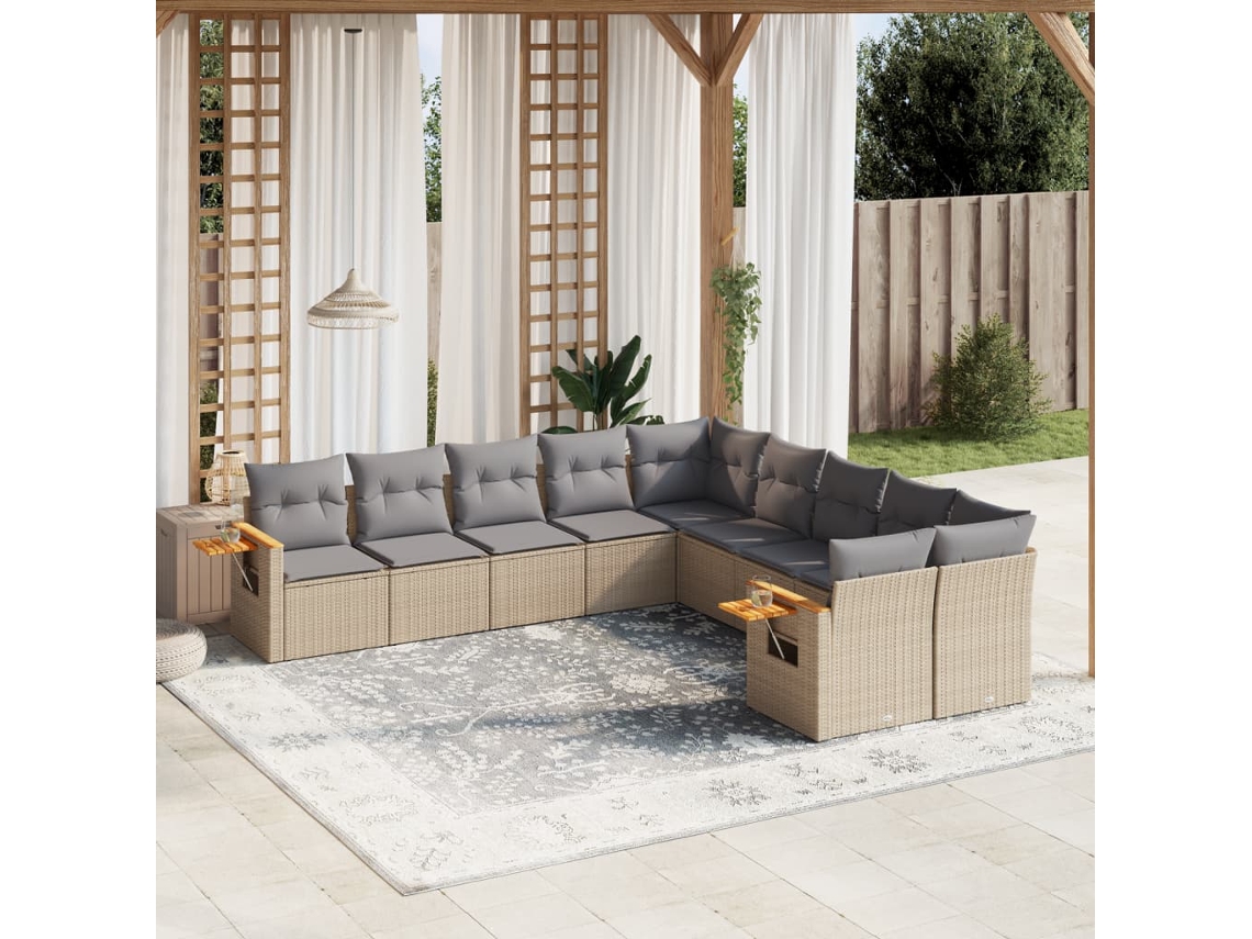 Conjunto de sofá de jardín de 10 piezas con cojines, mimbre sintético beige, Dkd Home Decor