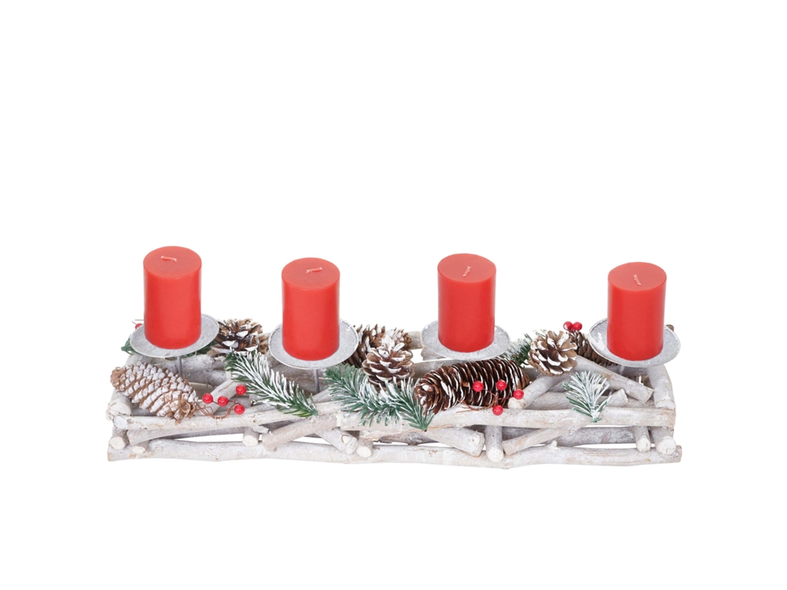 Couronne De L'avent Allongée Décoration De Noël Arrangement De L'avent Bois 11 X 15 X 50 Cm Blanc-gris Avec Bougies Rouges 04_0006547