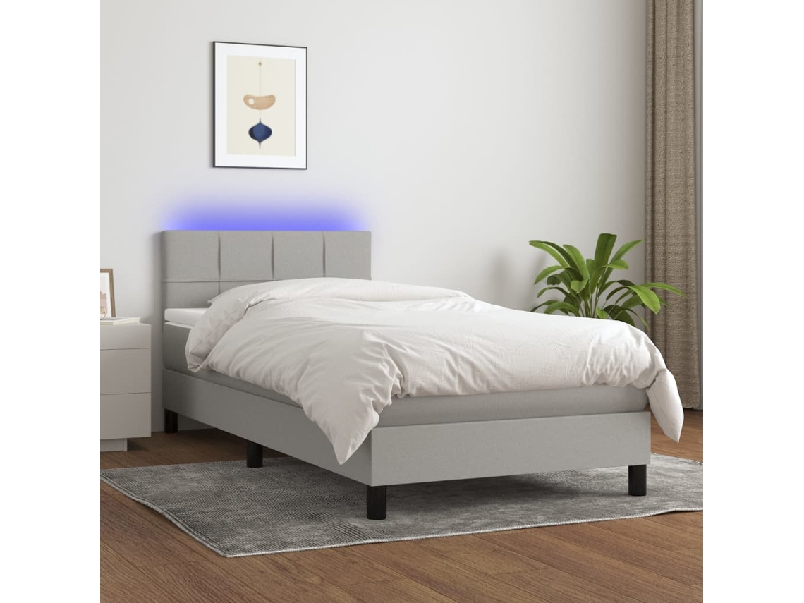 Cama Box Spring Colchón Y Luces Led Tela Gris Claro 90x190 Cm