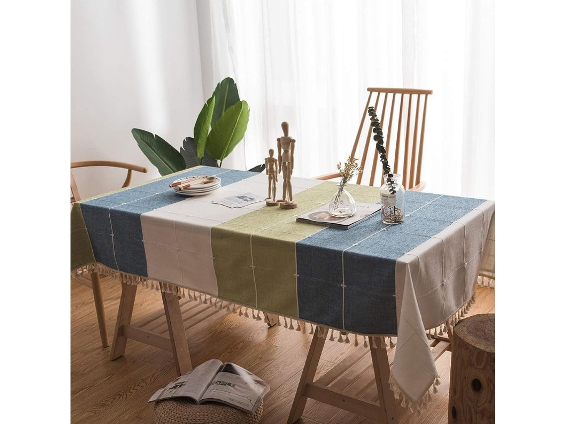 2026-41278-mantel Rectangular Lavable Antideslizante De Poliéster 100% Con Borlas Para Mesa Cocina Fiesta 55"x63" Azulverde