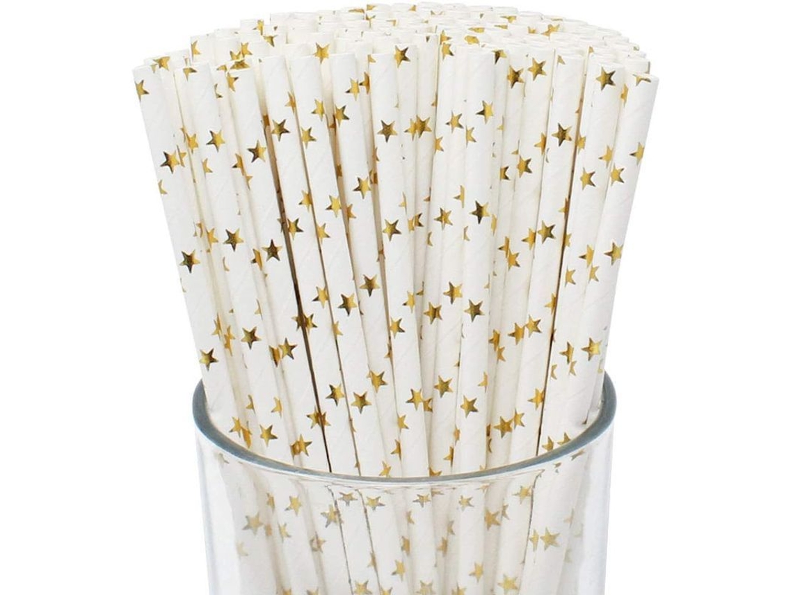 Pajitas De Papel Desechables Premium Linjou Con Estrellas Doradas (100 Unidades)