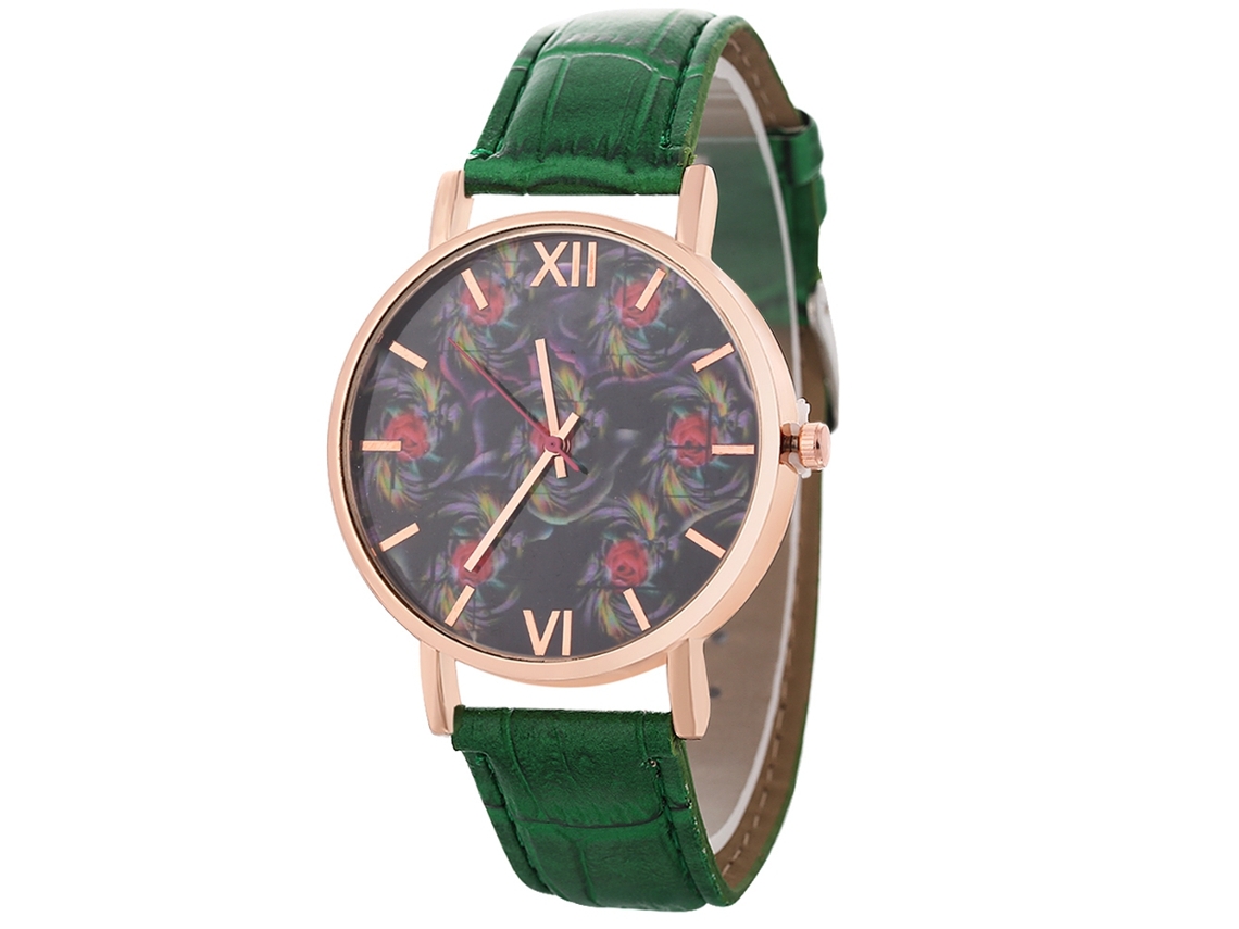 Reloj De Pulsera Unisex De Cuarzo Con Dial Redondo Y Correa De Cuero Pu Verde