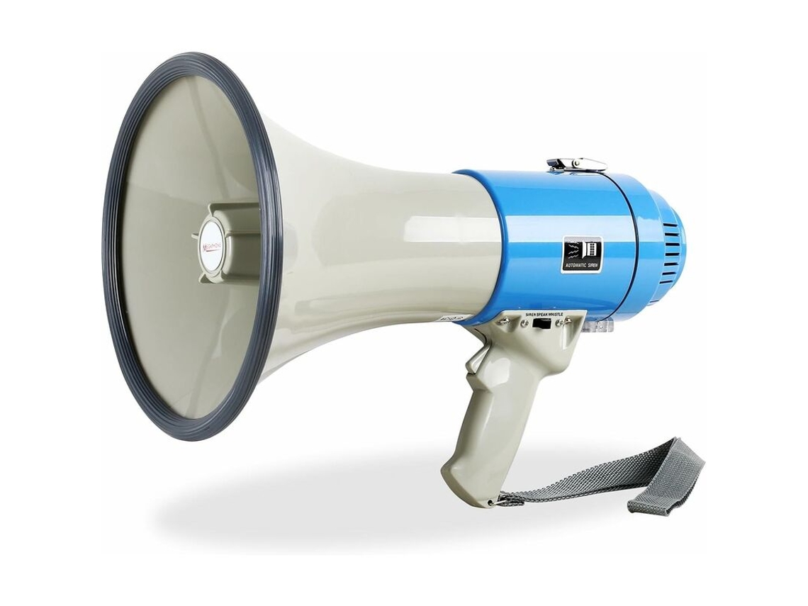 HY-3007 Megáfono 18watts RMS/60W Volumen ajustable Portapilas resistente al agua Función de sirena Correa Diseño ergonómico Azul