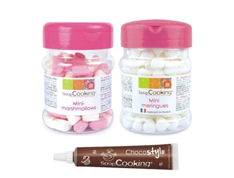 Mini merengues y mini malvaviscos + Tubo de chocolate para decorar