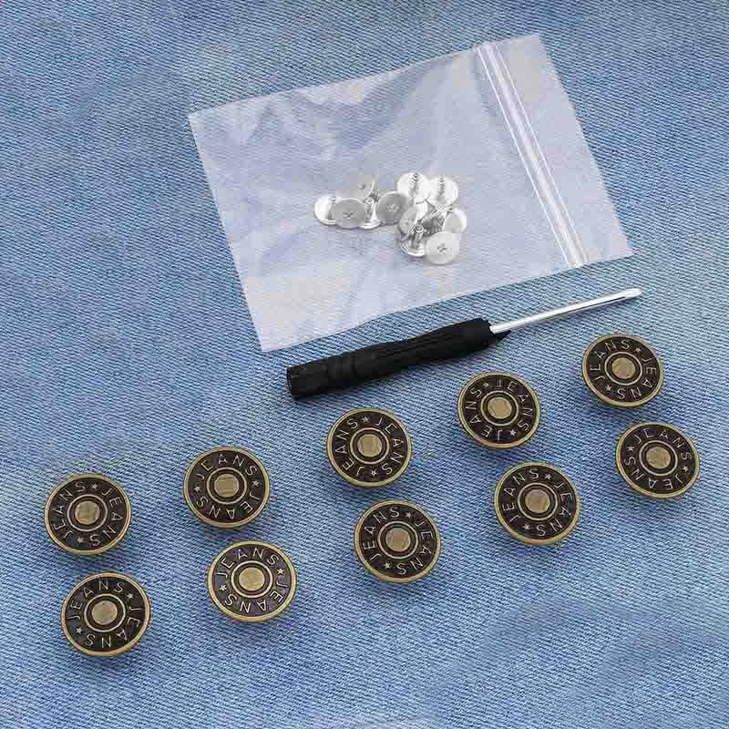 10 botones y cierres metálicos + destornillador ajustable, extraíble y reutilizable.