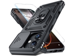 Funda protectora para la lente de la cámara del iPhone 16 Pro, resistente a impactos, con anillo para el dedo y soporte integrado, color negro. AEUZWR