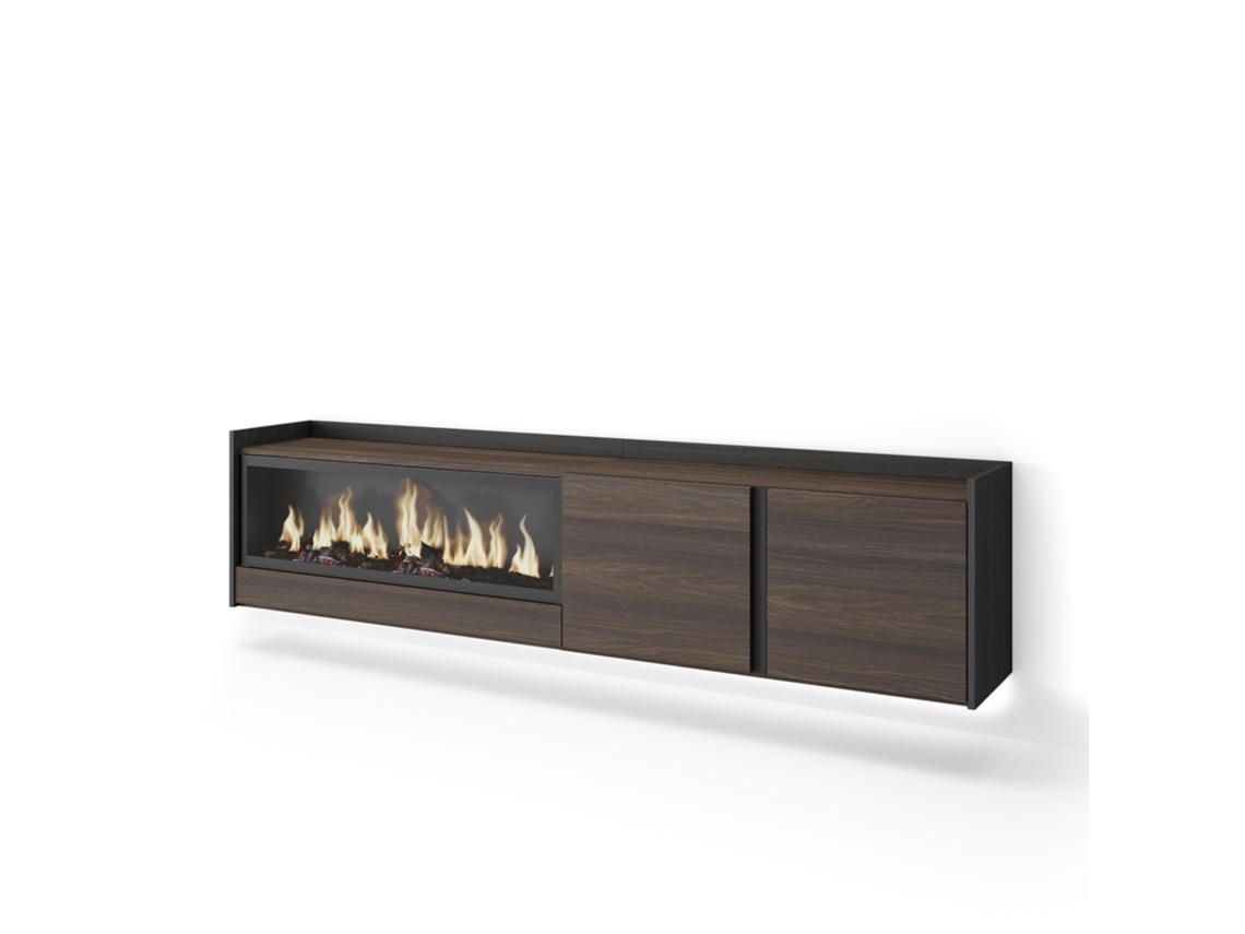 Mueble Tv, Televisión, 212x35x50cm, Para Tv Hasta 80", Chimenea Eléctrica Xxl, Colgado, Suspendido, Led, Roble Oscuro Y Negro